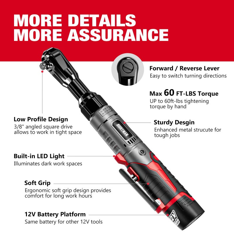 Alloyman 3/8" Cordless Ratchet Wrench Set, 60FT-LBS(80N.m) Electric Ratchet, 12V Extended Power Socket Wrench Set with Variable Speed, 6 Sockets, LED Light, 1/4" Adapter,1/2" Adapter,2 Batteries - Image 5