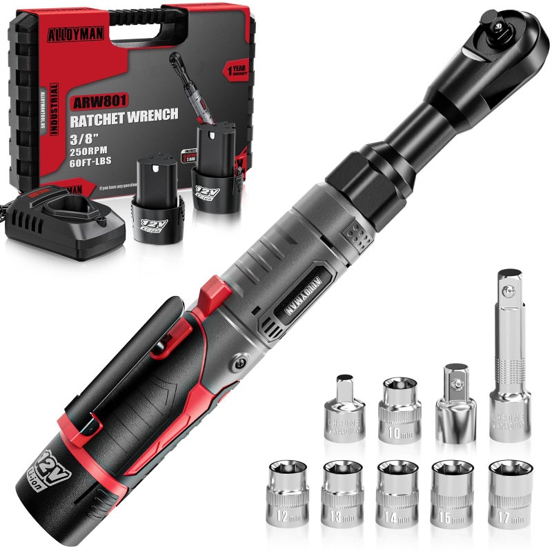 Alloyman 3/8" Cordless Ratchet Wrench Set, 60FT-LBS(80N.m) Electric Ratchet, 12V Extended Power Socket Wrench Set with Variable Speed, 6 Sockets, LED Light, 1/4" Adapter,1/2" Adapter,2 Batteries - Image 1