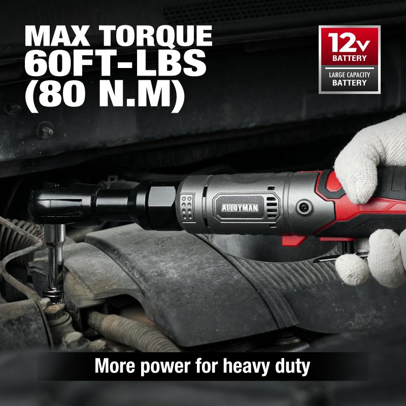 Alloyman 3/8" Cordless Ratchet Wrench Set, 60FT-LBS(80N.m) Electric Ratchet, 12V Extended Power Socket Wrench Set with Variable Speed, 6 Sockets, LED Light, 1/4" Adapter,1/2" Adapter,2 Batteries - Image 2