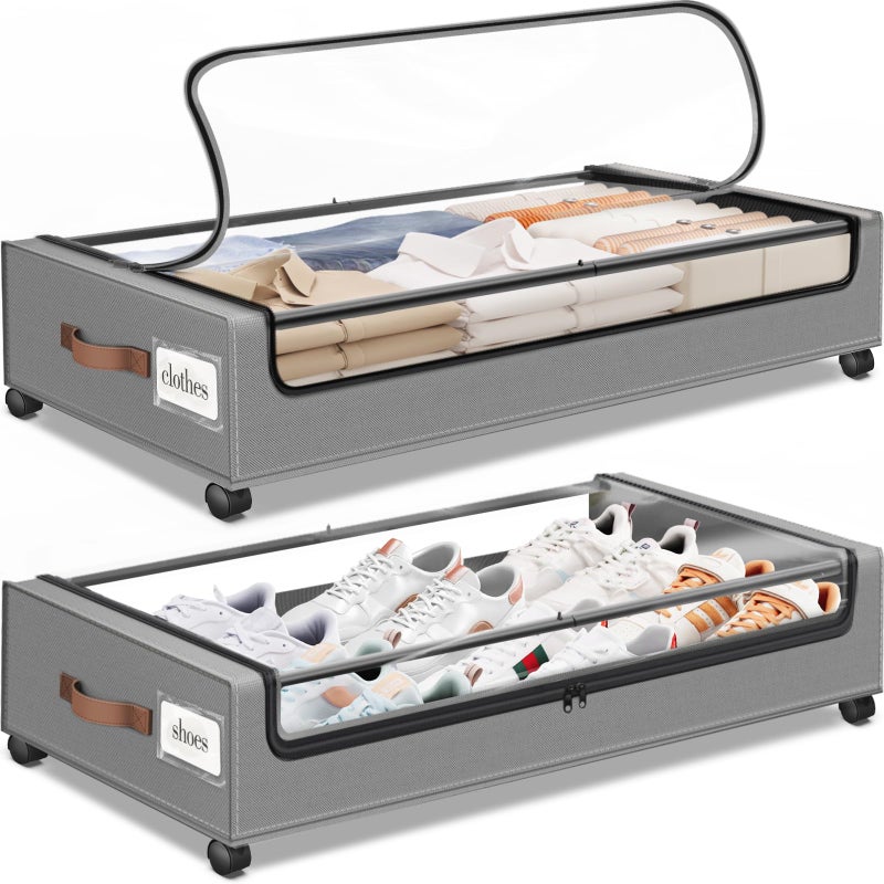 SpaceHacks Under Bed Storage with Wheels 2Pack Underbed Storage with Clear Window&Label Under Bed Drawers Large Capacity Rolling Under Bed Storage for Clothes,Shoes, Blankets (Light Grey) - Image 1