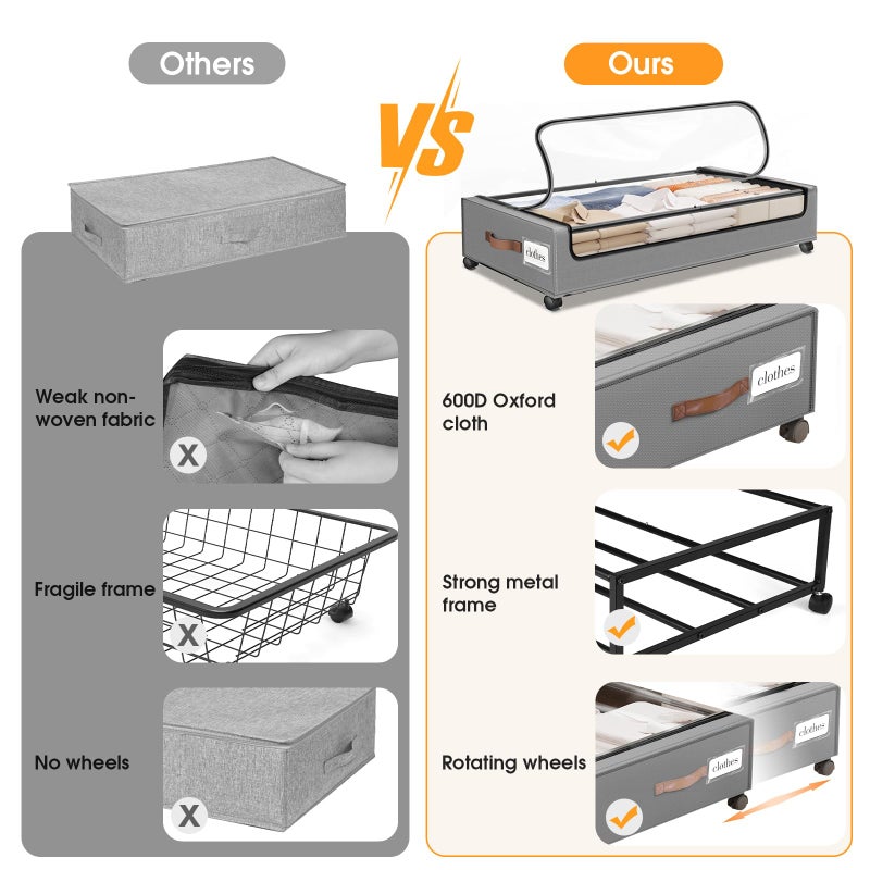 SpaceHacks Under Bed Storage with Wheels 2Pack Underbed Storage with Clear Window&Label Under Bed Drawers Large Capacity Rolling Under Bed Storage for Clothes,Shoes, Blankets (Light Grey) - Image 5