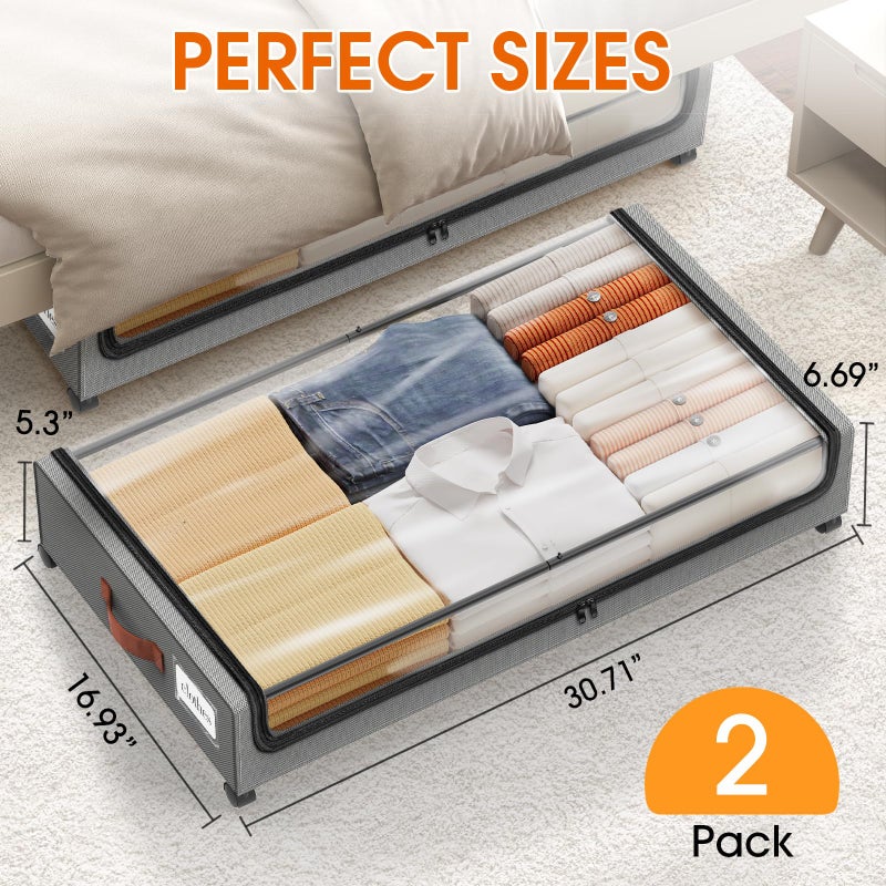 SpaceHacks Under Bed Storage with Wheels 2Pack Underbed Storage with Clear Window&Label Under Bed Drawers Large Capacity Rolling Under Bed Storage for Clothes,Shoes, Blankets (Light Grey) - Image 2
