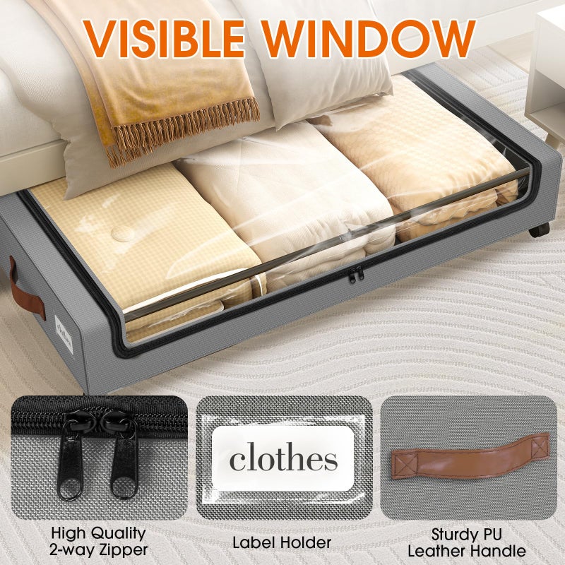 SpaceHacks Under Bed Storage with Wheels 2Pack Underbed Storage with Clear Window&Label Under Bed Drawers Large Capacity Rolling Under Bed Storage for Clothes,Shoes, Blankets (Light Grey) - Image 3