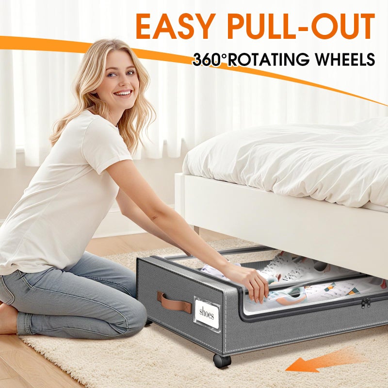SpaceHacks Under Bed Storage with Wheels 2Pack Underbed Storage with Clear Window&Label Under Bed Drawers Large Capacity Rolling Under Bed Storage for Clothes,Shoes, Blankets (Light Grey) - Image 4