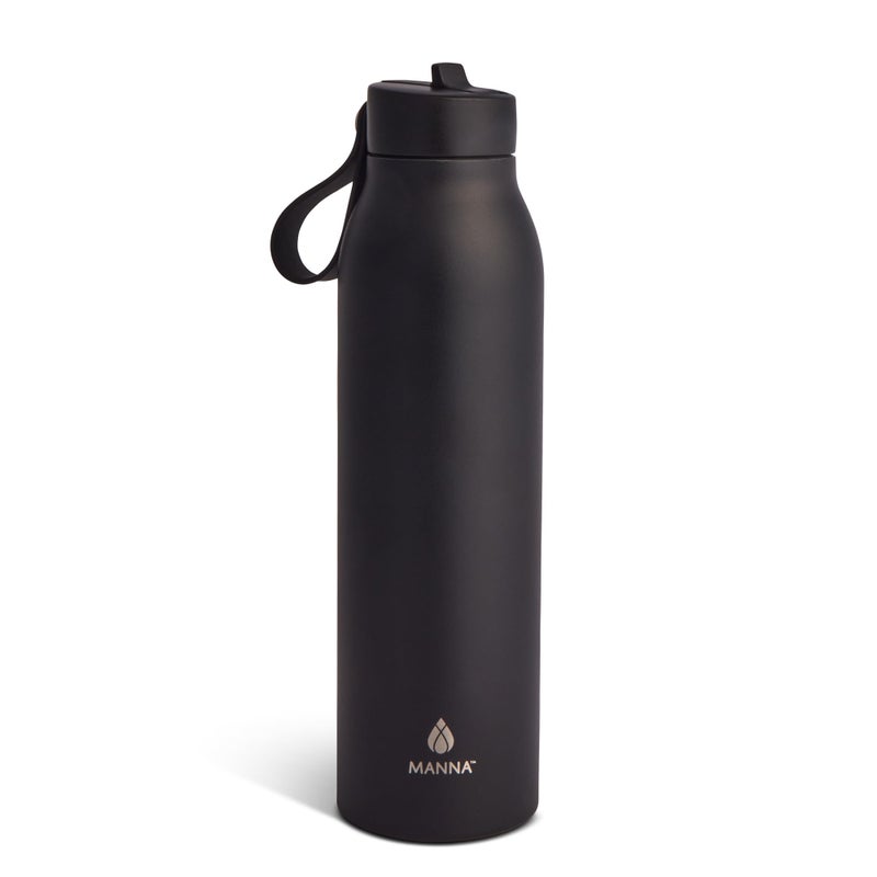 Manna Bonnie Modern Flip Insulated Stainless Steel Bottle with Straw Lid and Carrying Loop - 20 Oz - Onyx - Image 1