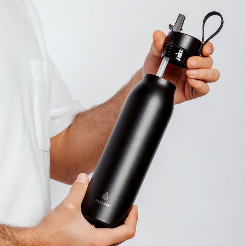Manna Bonnie Modern Flip Insulated Stainless Steel Bottle with Straw Lid and Carrying Loop - 20 Oz - Onyx - Image 4