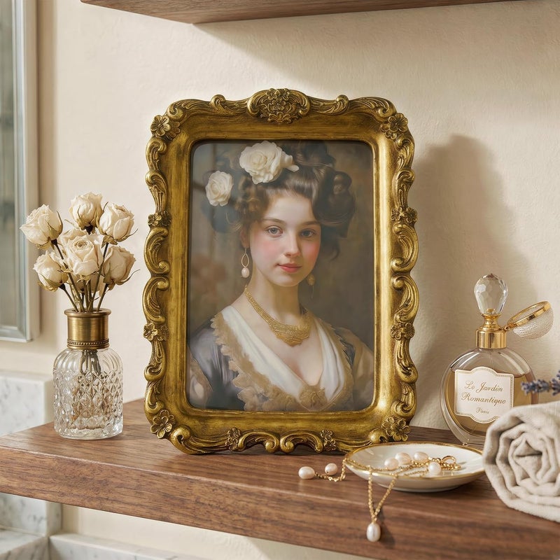 Cuspin إطار صور قديم الطراز مقاس 5x7، مزين بنقوش راتنج ذهبية ومصنوع يدويًا، بواجهة زجاجية، مناسب للعرض على المكتب أو لتزيين المنزل. - Image 2
