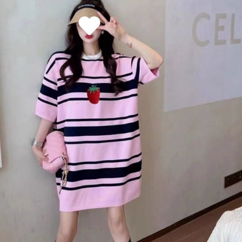 Pure Cotton Vintage Contrast Striped T-Shirt Skirt Womens Summer Embroidered plus size Pregnant Womens Loose Mid-length Belly-covering Slim T-shirt A48 pink stripes (pure cotton, good quality)