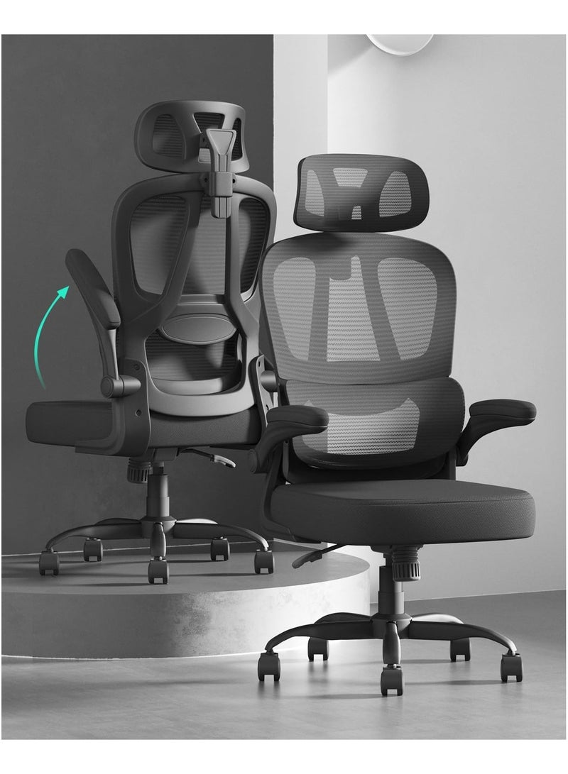 Generic Office Chair Ergonomic Office Chair with Flip-up Armrest & Headreat, Mesh Computer Chairs for Adult and Teens, Height Adjustable Home PC Work Chair with Lumbar Support, 350lbs, Black  - Image 1
