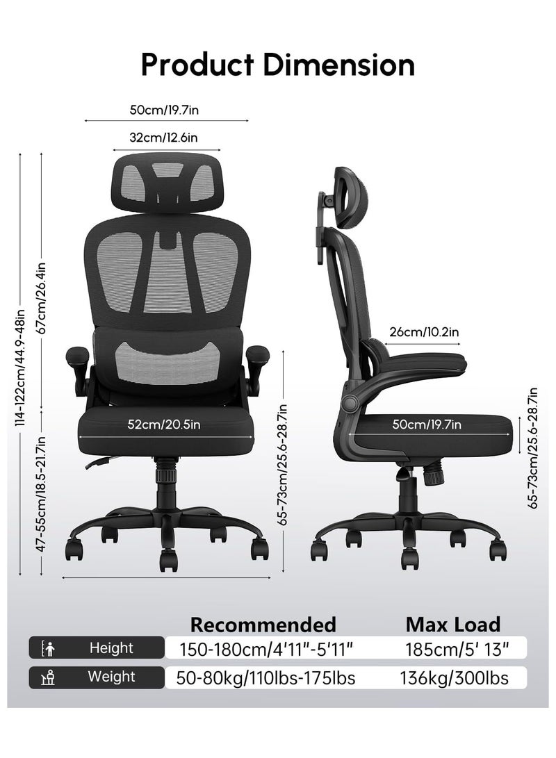 Generic Office Chair Ergonomic Office Chair with Flip-up Armrest & Headreat, Mesh Computer Chairs for Adult and Teens, Height Adjustable Home PC Work Chair with Lumbar Support, 350lbs, Black  - Image 2