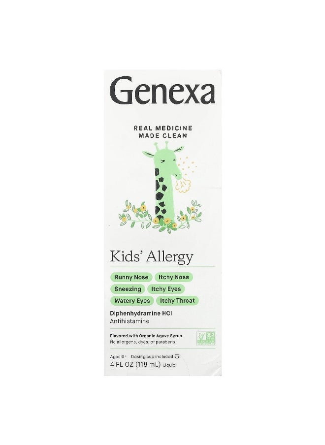 Genexa Genexa, Kids' Allergy, Ages 6+, Organic Agave, 12.5 mg, 4 fl oz (118 ml)  - Image 1