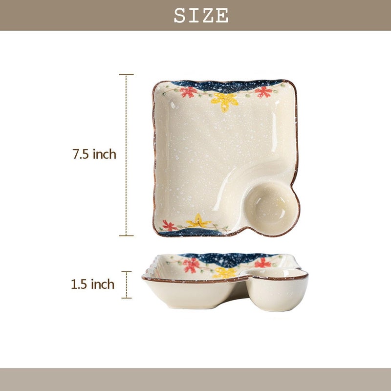 FYUEROPA Ceramic Dumpling Plate with Dipping Saucer Sushi Dish Serving Plate Chips and Snack Plate 75 Inch  Set of 2 Blue - Image 2