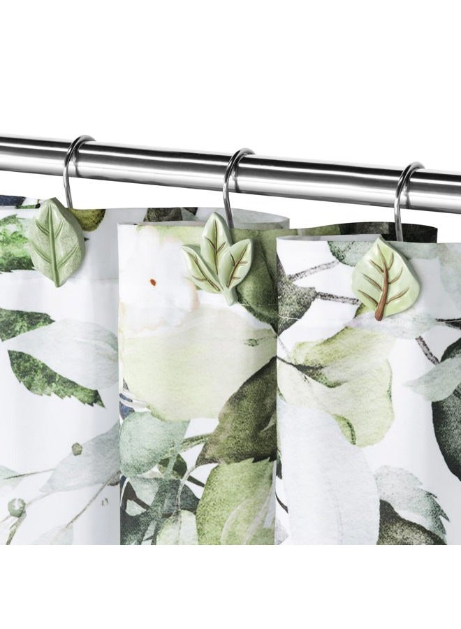 Gibelle 12PCS Leaves Shower Curtain Hooks, Green Plant Leaf Decorative Shower Curtain Hooks Metal Rustproof Cute Eucalyptus Shower Curtain Rings Bathroom Decoration Accessories - Image 2