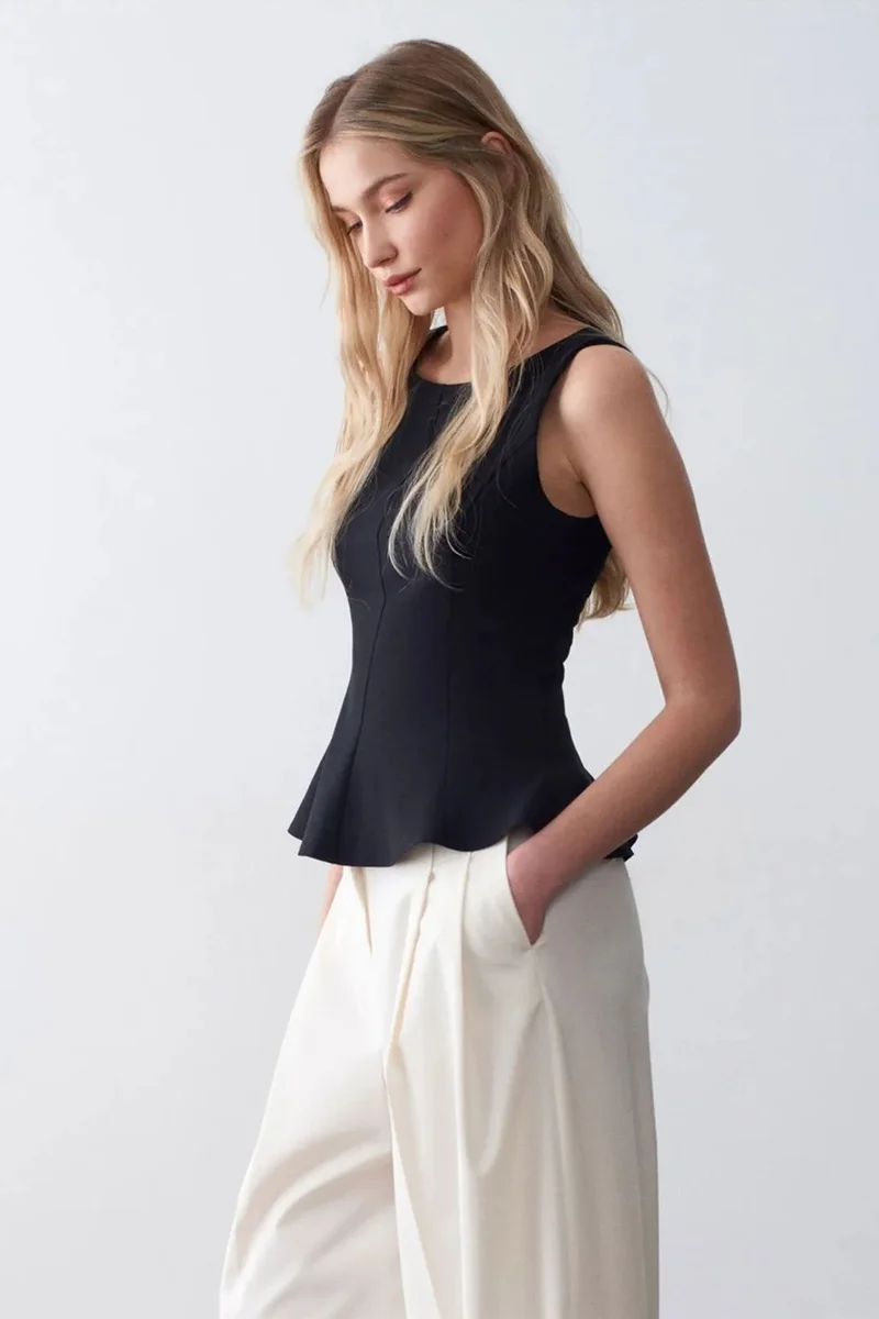 Dilvin Black DILVIN Fitted Sleeveless Crepe Peplum Blouse for Women | Best Price UAE