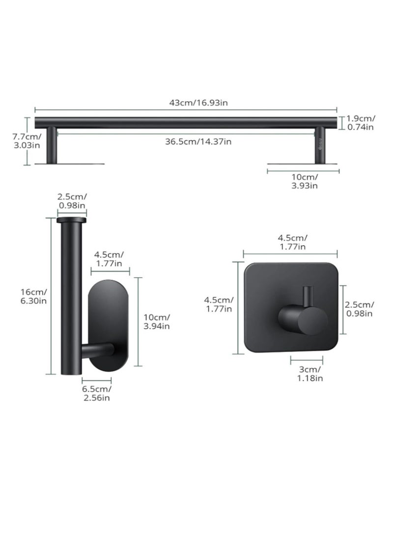 Towel Rail Set, 304 Stainless Steel Self Adhesive Bathroom Hardware Kit, Bathroom Accessories Kit,Wall Mounted Towel Holder Toilet Paper Holder & 3 Towel Hook,No Drilling (Black) - Image 3