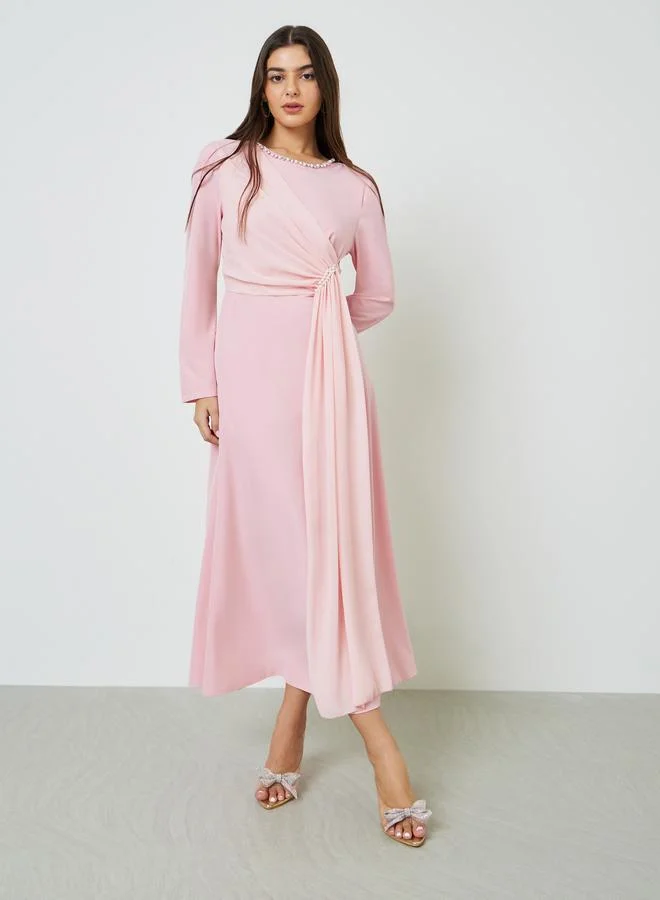 تايك تو Light Pink Embellished Draped A-Line Maxi Dress