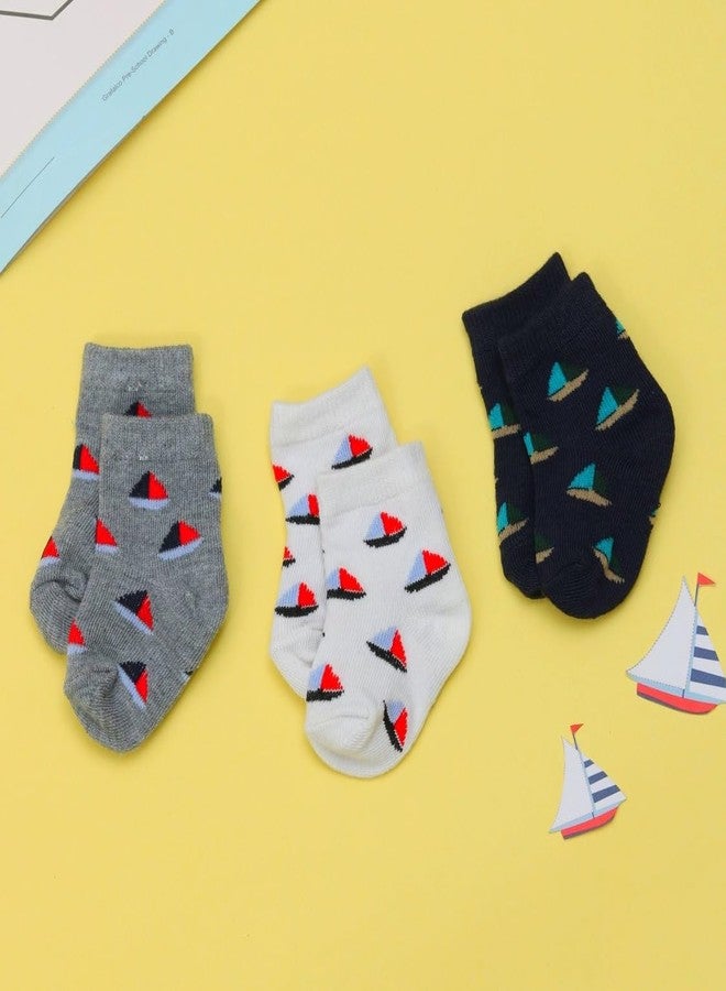 Yellow Bee Boat Anti-Skid Socks for Boys, Pack of 3, Grey, Navy and White, 0-12 Months - Image 2