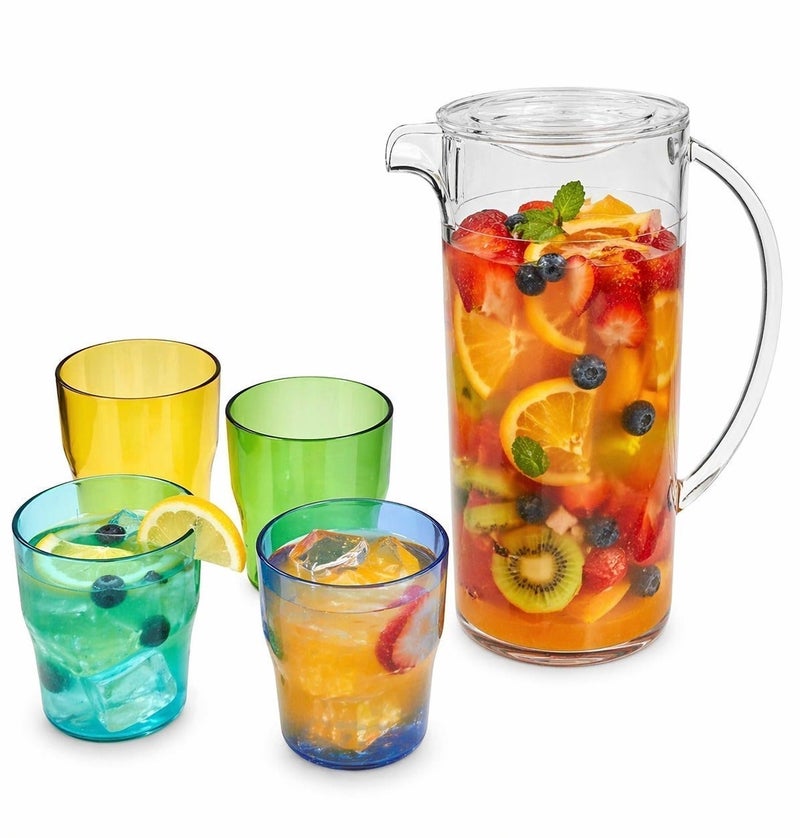TarHong Simple Stacked Nested Pitcher Set 5 Piece – 91oz Pitcher with 4 Assorted Color Glasses, Premium Plastic Drinkware Set, Space Saving Stackable Design for Serving Water, Juice & Beverages - Image 2