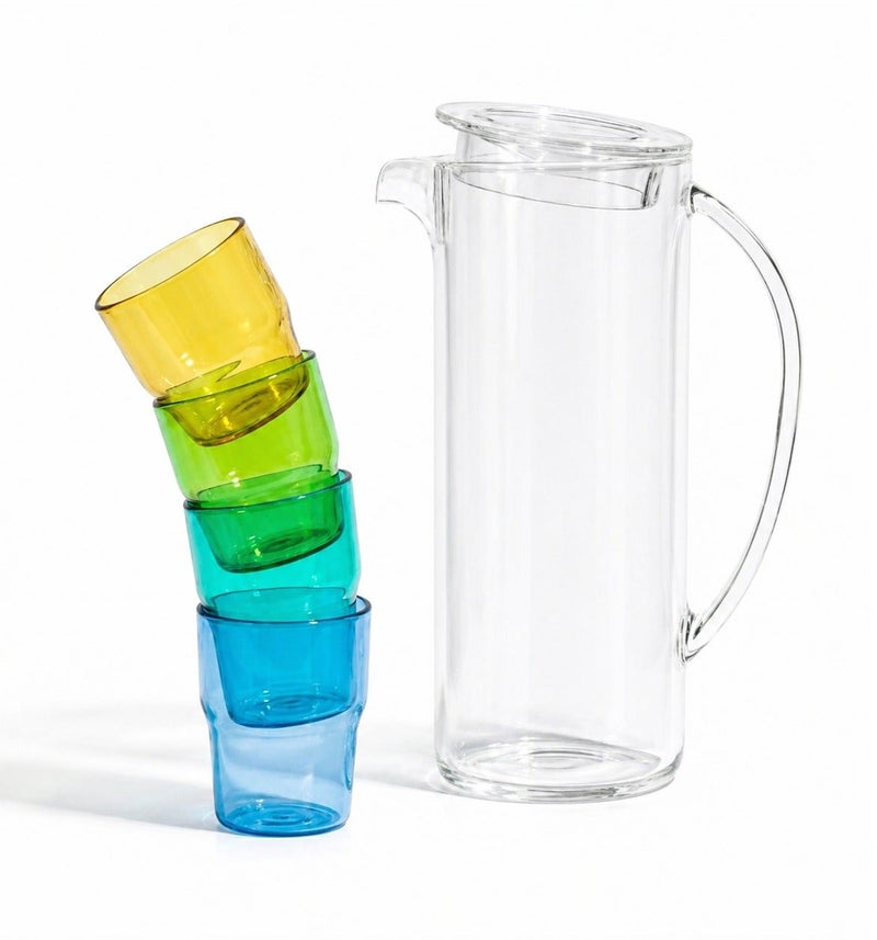 TarHong Simple Stacked Nested Pitcher Set 5 Piece – 91oz Pitcher with 4 Assorted Color Glasses, Premium Plastic Drinkware Set, Space Saving Stackable Design for Serving Water, Juice & Beverages - Image 1