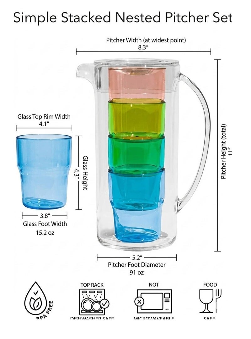 TarHong Simple Stacked Nested Pitcher Set 5 Piece – 91oz Pitcher with 4 Assorted Color Glasses, Premium Plastic Drinkware Set, Space Saving Stackable Design for Serving Water, Juice & Beverages - Image 3
