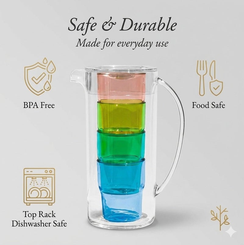 TarHong Simple Stacked Nested Pitcher Set 5 Piece – 91oz Pitcher with 4 Assorted Color Glasses, Premium Plastic Drinkware Set, Space Saving Stackable Design for Serving Water, Juice & Beverages - Image 4