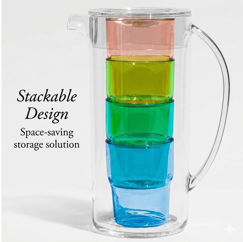 TarHong Simple Stacked Nested Pitcher Set 5 Piece – 91oz Pitcher with 4 Assorted Color Glasses, Premium Plastic Drinkware Set, Space Saving Stackable Design for Serving Water, Juice & Beverages - Image 5