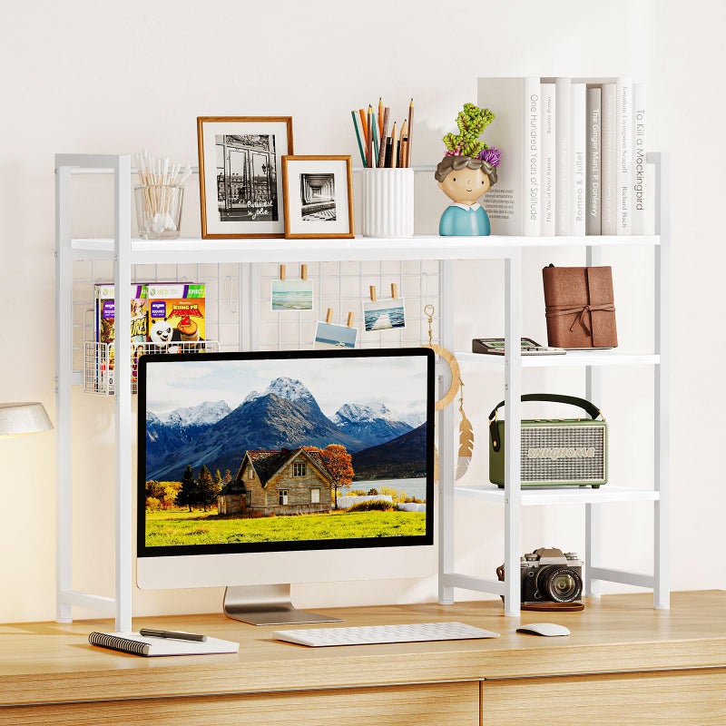 Snughome Desk Shelf, 38.6" Desktop Organizer Shelf, Desk Hutch for Computer Monitor, 4 Tier Desktop Display Rack with Pegboard Hooks Set, Wood Desk Bookshelf for Home Office Dorm, White - Image 2