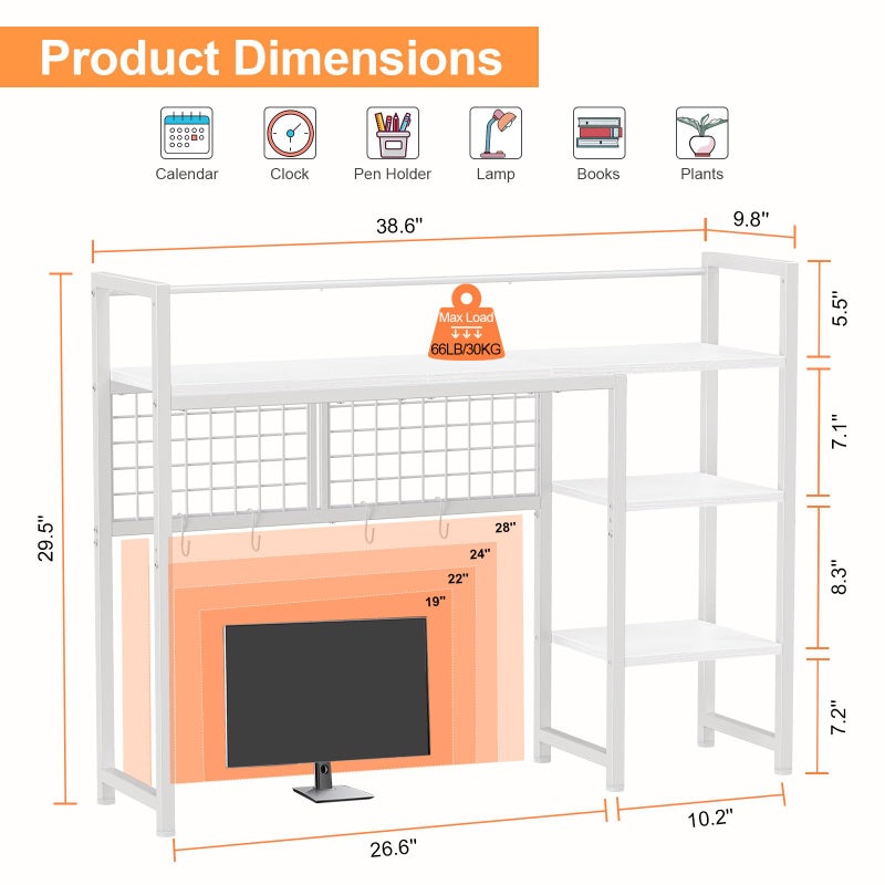 Snughome Desk Shelf, 38.6" Desktop Organizer Shelf, Desk Hutch for Computer Monitor, 4 Tier Desktop Display Rack with Pegboard Hooks Set, Wood Desk Bookshelf for Home Office Dorm, White - Image 5