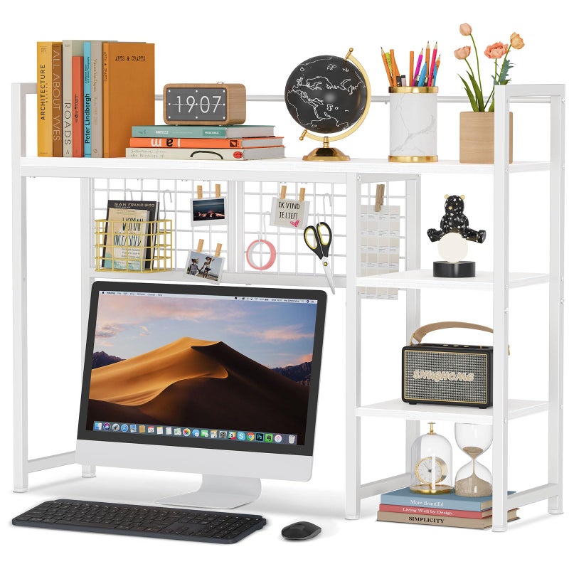 Snughome Desk Shelf, 38.6" Desktop Organizer Shelf, Desk Hutch for Computer Monitor, 4 Tier Desktop Display Rack with Pegboard Hooks Set, Wood Desk Bookshelf for Home Office Dorm, White - Image 1