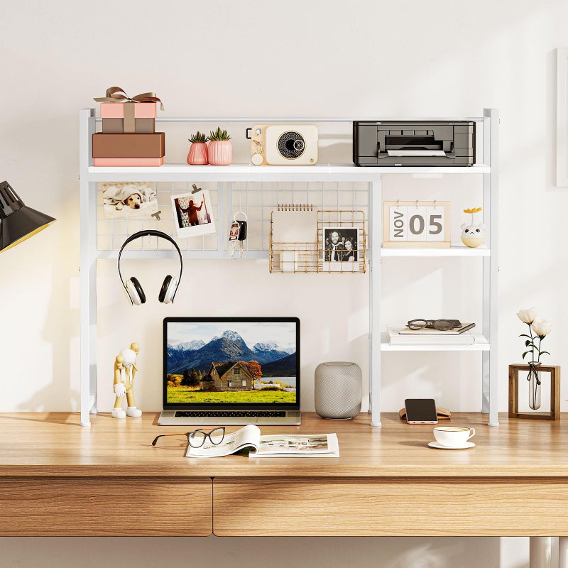 Snughome Desk Shelf, 38.6" Desktop Organizer Shelf, Desk Hutch for Computer Monitor, 4 Tier Desktop Display Rack with Pegboard Hooks Set, Wood Desk Bookshelf for Home Office Dorm, White - Image 3