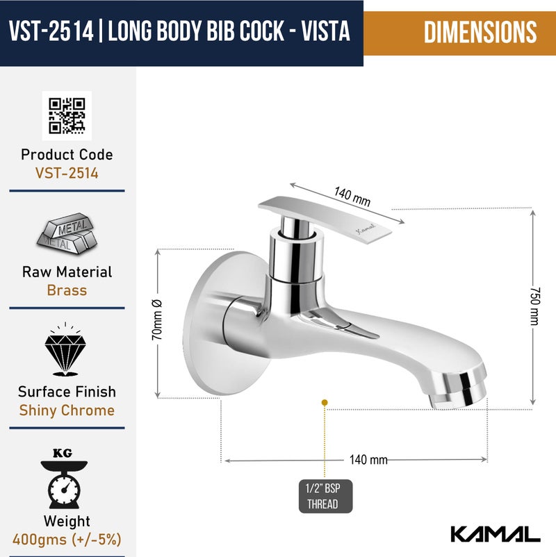 Kamal Full Brass Vista Bathroom Long Body Bib Cock Tap with Wall Flange | Wall Mounted | Chrome Finish | Silver (Pack of 1) - Image 4