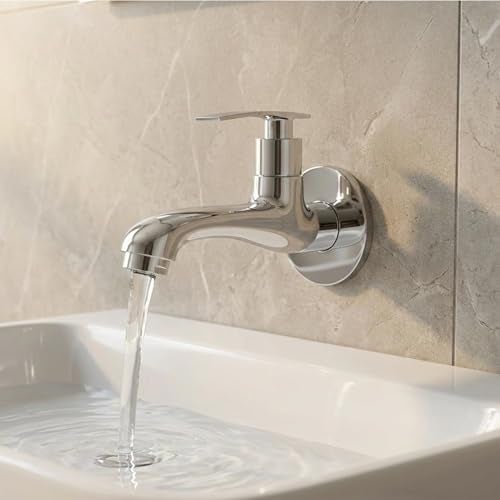 Kamal Full Brass Vista Bathroom Long Body Bib Cock Tap with Wall Flange | Wall Mounted | Chrome Finish | Silver (Pack of 1) - Image 1