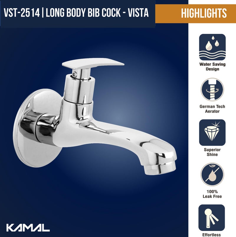 Kamal Full Brass Vista Bathroom Long Body Bib Cock Tap with Wall Flange | Wall Mounted | Chrome Finish | Silver (Pack of 1) - Image 2