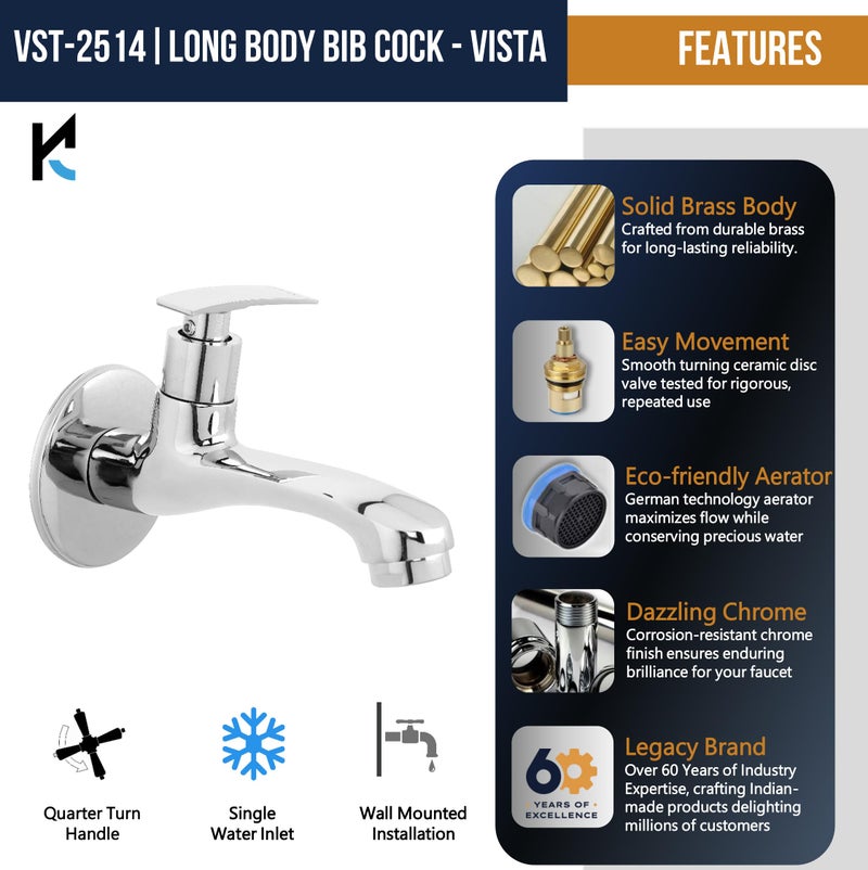 Kamal Full Brass Vista Bathroom Long Body Bib Cock Tap with Wall Flange | Wall Mounted | Chrome Finish | Silver (Pack of 1) - Image 3