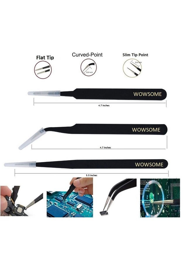 WOWSOME 3 ESD black Coated Stainless Steel Non Magnetic Straight, Curved and Blunt Tips Tweezers Used mobile/gadget/laptop and jewelry repair work (Set of 3) Black - Image 2