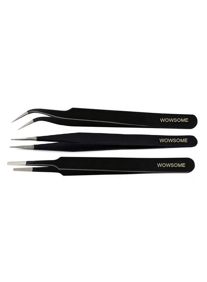 WOWSOME 3 ESD black Coated Stainless Steel Non Magnetic Straight, Curved and Blunt Tips Tweezers Used mobile/gadget/laptop and jewelry repair work (Set of 3) Black - Image 1