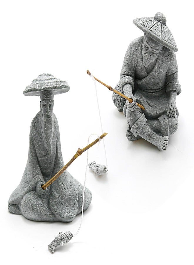 DUZFOREI قطعتان من تماثيل الصيادين الجالسين، مصنوعة من الحجر الرملي، زينة عتيقة، ديكور ياباني لحوض السمك، أصيص، حديقة منزلية، تمثال صياد صغير، ديكور زن آسيوي - Image 1
