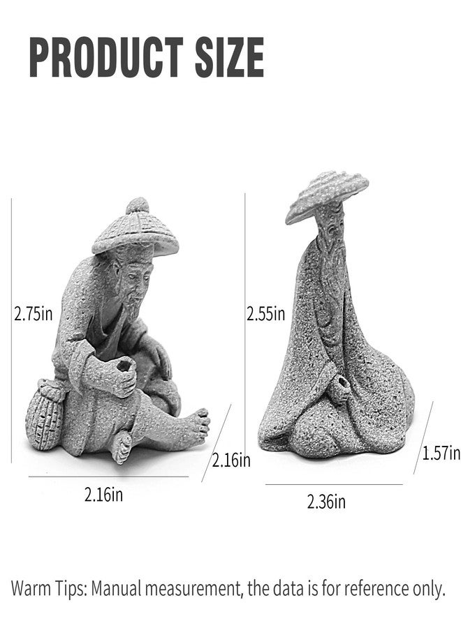 DUZFOREI قطعتان من تماثيل الصيادين الجالسين، مصنوعة من الحجر الرملي، زينة عتيقة، ديكور ياباني لحوض السمك، أصيص، حديقة منزلية، تمثال صياد صغير، ديكور زن آسيوي - Image 2