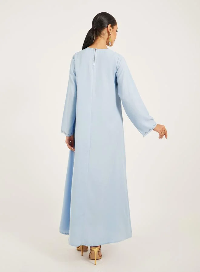 Styli raglan sleeve flared hem jalabiya with rhinestone embroidery at neck