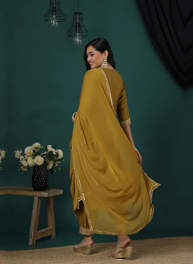 globus Sequined Floral Embroidered V-Neck Straight Kurta and Pants with Dupatta Set by Styli