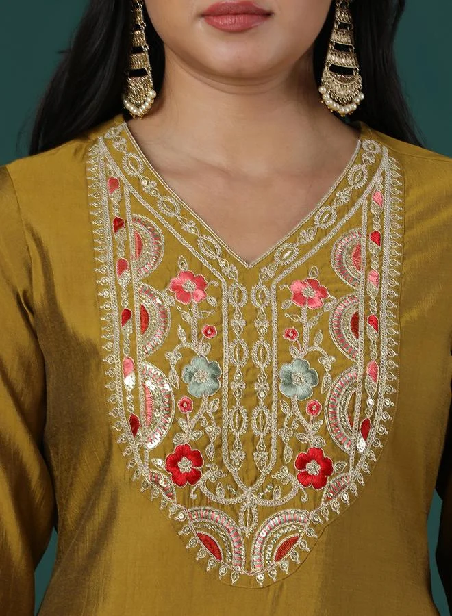 globus Sequined Floral Embroidered V-Neck Straight Kurta and Pants with Dupatta Set by Styli