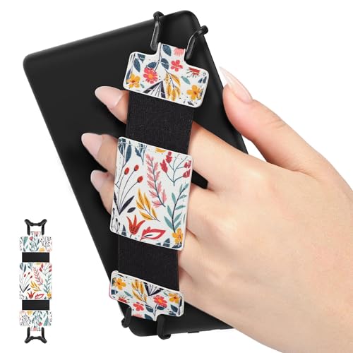 MoKo Soft Hand Strap for 68 Kindle eReaders Fire Tablet KindleKoboVoyagaLenovoSony Kindle EBook Tablet Black HighElasticity Versatile Hand Strap Lightweight Finger Grip Holder Flowers - Image 1