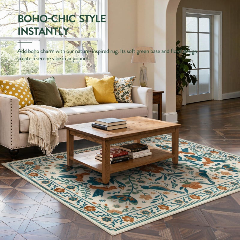 Moynesa Bedroom Rug 5x7, Washable Modern Bohemian Area Rugs for Living Room Dining Room, Farmhouse Floral Bird Print Pattern Carpet, Retro Home Decor Open Floor Areas Non-Slip Protection - Image 2