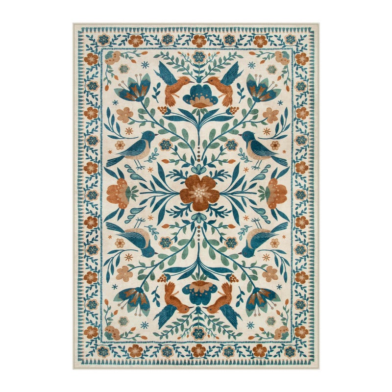 Moynesa Bedroom Rug 5x7, Washable Modern Bohemian Area Rugs for Living Room Dining Room, Farmhouse Floral Bird Print Pattern Carpet, Retro Home Decor Open Floor Areas Non-Slip Protection - Image 1