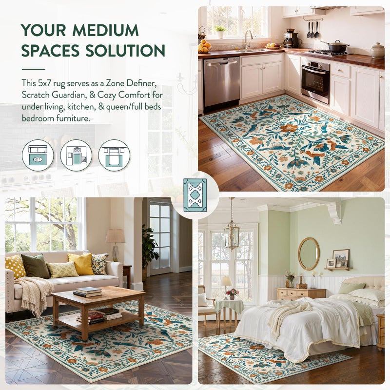 Moynesa Bedroom Rug 5x7, Washable Modern Bohemian Area Rugs for Living Room Dining Room, Farmhouse Floral Bird Print Pattern Carpet, Retro Home Decor Open Floor Areas Non-Slip Protection - Image 4