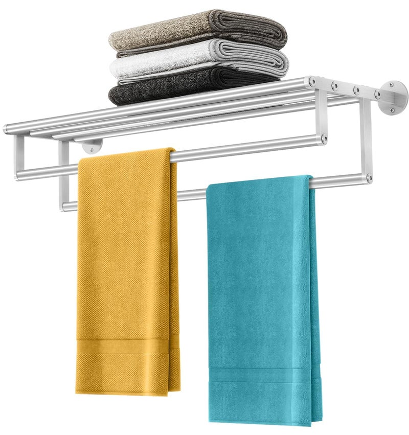XEENEW Double Towel Racks for Bathroom Towel Rack with Shelf, 24 Inch Double Towel Bars, Wall Mount Towel Holder for Bathroom Lavatory, Stainless Steel Towel Rod(Brushed Nickel) - Image 1