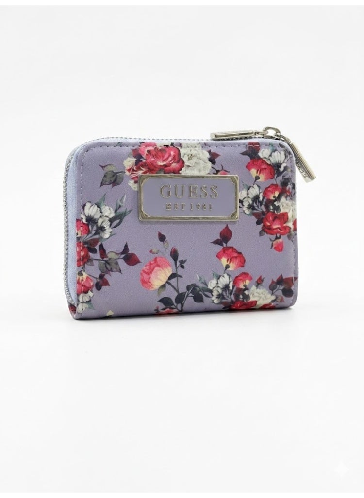 GUESS Women’s Lavender Floral Zip Around Wallet – Stylish Printed Wallet with Logo Plaque