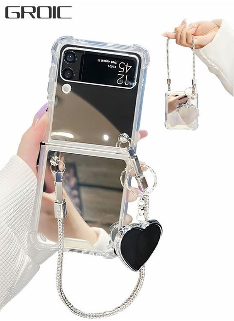 Compatible with Samsung Galaxy Z Flip 4 5G Mirror Phone Case,Hard Mirror Back Soft Bumper Slim Protective Cover with Herart Mirror Bracelet,Handheld Fall Protection Phone Shell
