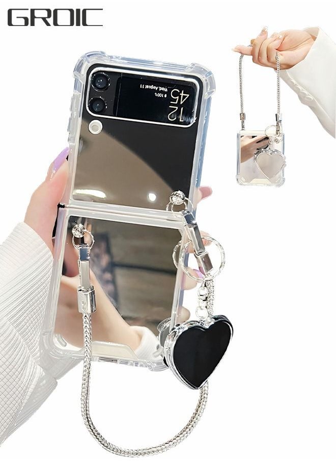 GROIC - Compatible with Samsung Galaxy Z Flip 4 5G Mirror Phone Case,Hard Mirror Back Soft Bumper Slim Protective Cover with Herart Mirror Bracelet,Handheld Fall Protection Phone Shell - Image 1