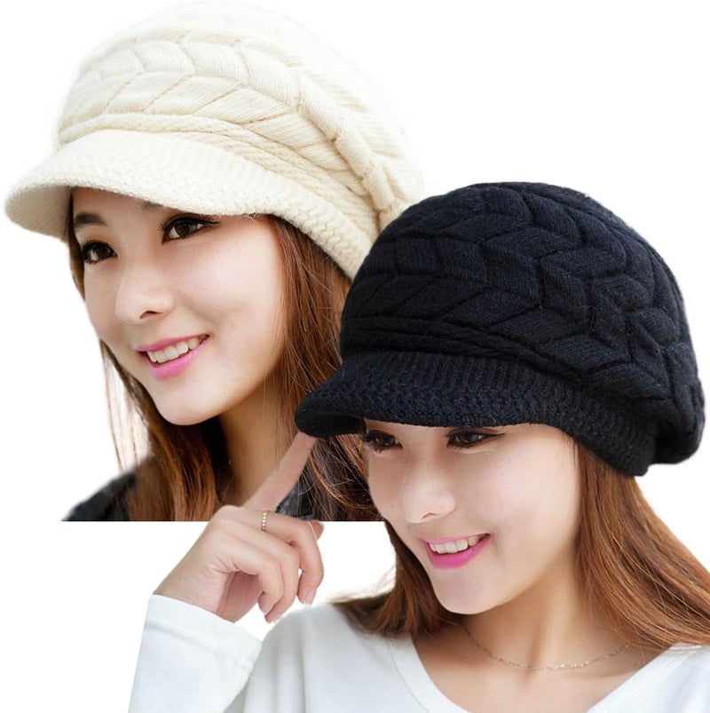 HINDAWI Women Winter Warm Knit Hat Wool Snow Ski Caps with Visor - Image 1